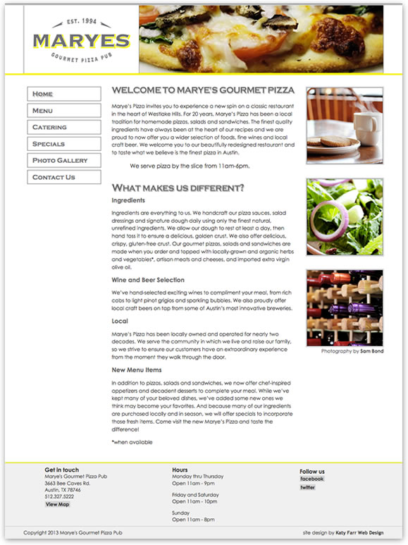 Screenshot of Marye's Gourmet Pizza by Katy Farr Web Design